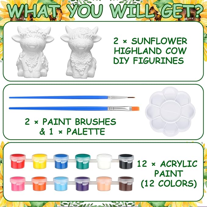 Hollowfly 2 Pack Ready to Paint Your Own Sunflower Highland Cow Statue Spring - Image 3