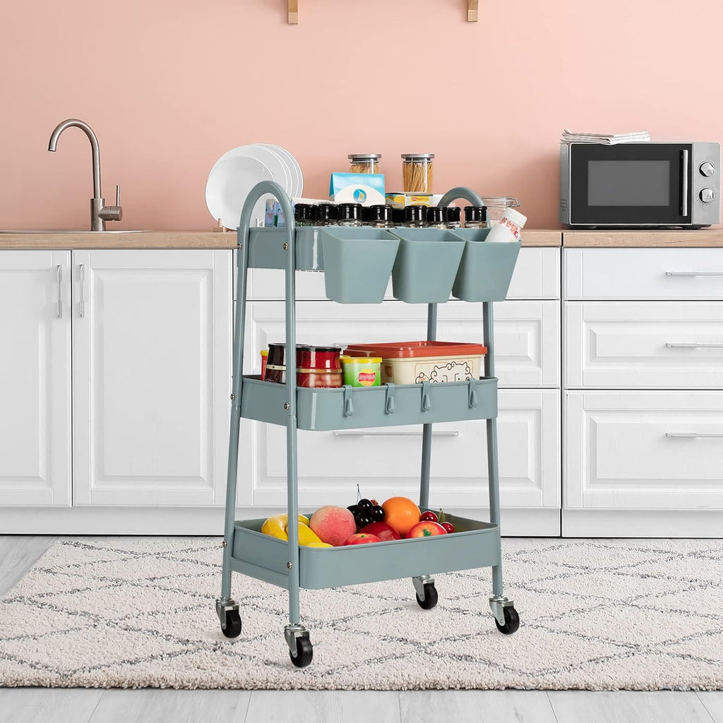 danpinera 3-Tier Rolling Cart, Metal Rolling Storage Cart with Lockable Wheels & Hanging Cups & Hooks, Mobile Trolley Cart for Kitchen, Bathroom, Office, Workshop, Gray Blue
