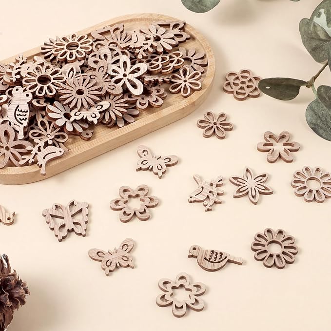 100 PCS Unfinished Wood Crafts Wood Slice Leaf Bird Flowers Butterfly Pattern - Image 5