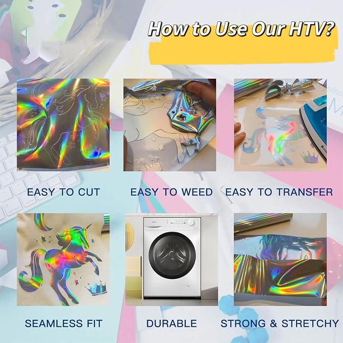 Holographic Silver Heat Transfer Vinyl HTV 12in x 6ft Metallic Rainbow Iron On - Image 4