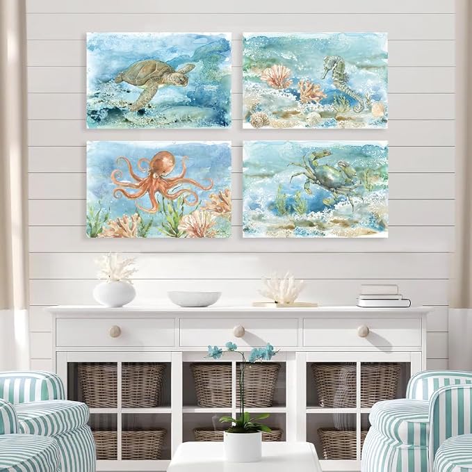 Ocean Wall Decor Sea Turtle Bathroom Wall Art Watercolor Nautical Octopus - Image 5