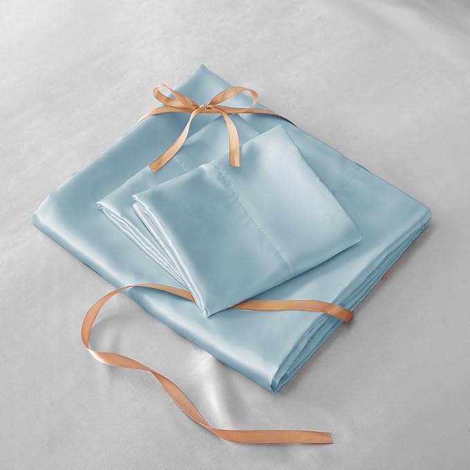 BEDELITE Satin Sheets Twin XL Size Bed Set, Luxury Soft Light Blue Silky Sheets - Image 7