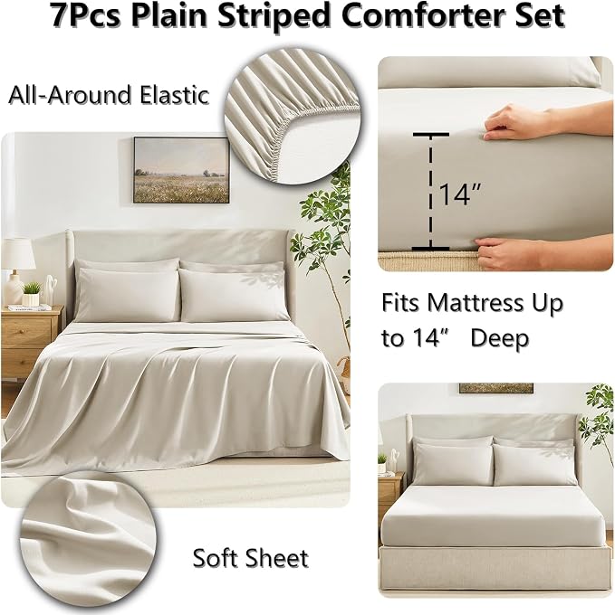 CozyLux California King Comforter Sets Oatmeal, 7 Pieces Cal King Bed in a Bag - Image 5