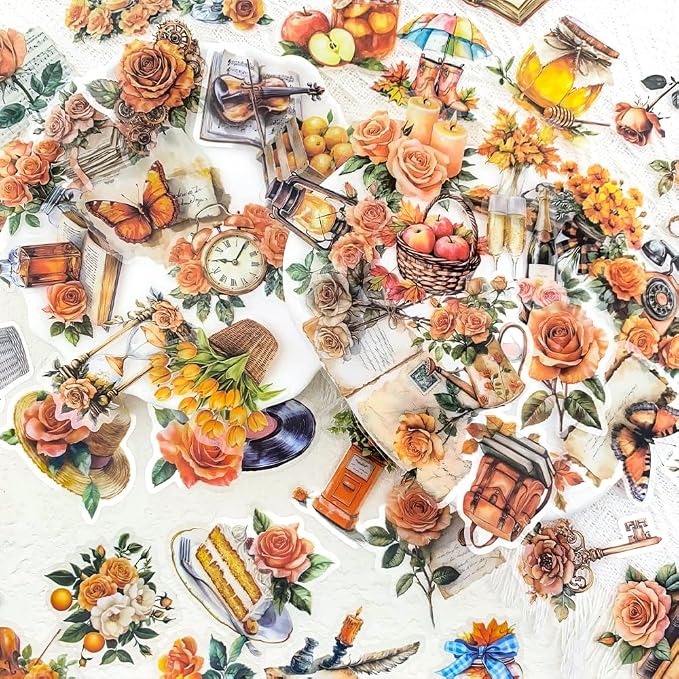 50 PCS Vintage Orange Rose Floral Scrapbook Stickers, Resin Crafts, Retro by YOKSAS