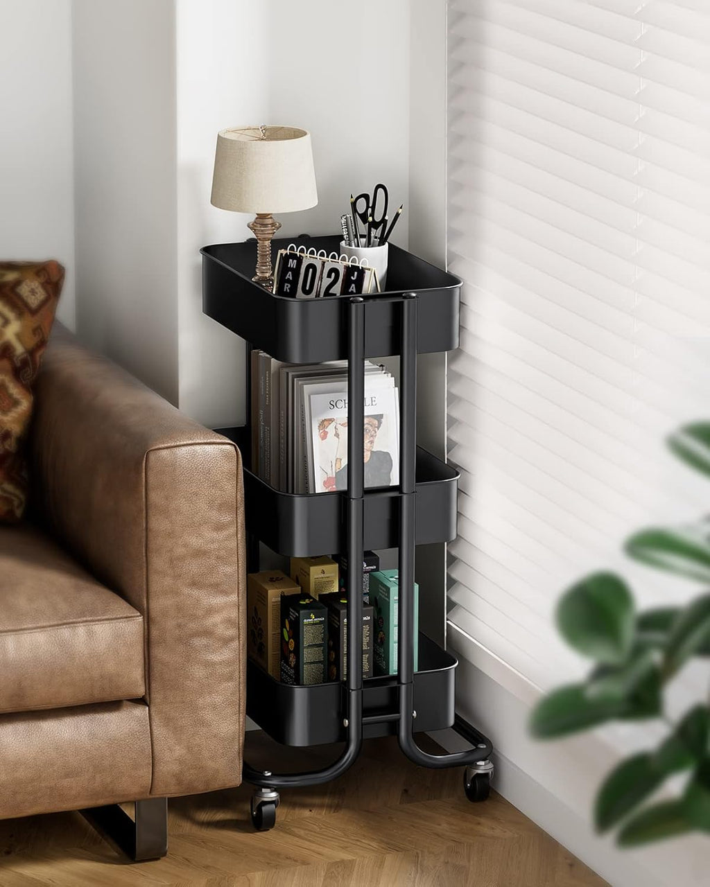 Pipishell 3 Tier Metal Rolling Utility Cart, Heavy-Duty Storage Rolling Cart with 2 Lockable Wheels, Multifunctional Mesh Organization Utility Cart for Kitchen Dining Room Living Room (Black)