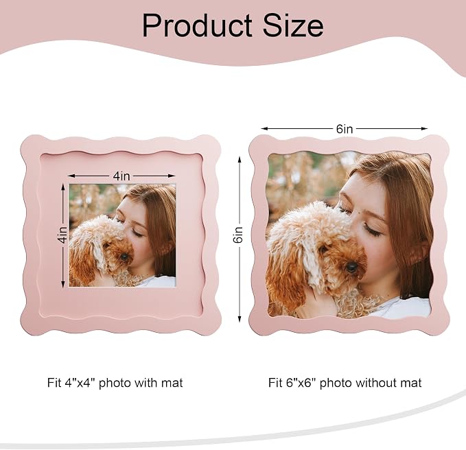 6x6 Picture Frame with Mat for 4x4, Wavy Edge Wooden Real Glass Photo Frame for - Image 3