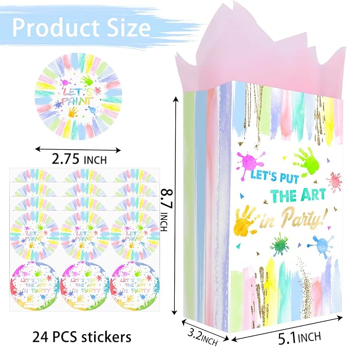 24 Art Birthday Party Favor Bags Painting Goodie Bags Rainbow Pastel Colorful - Image 3