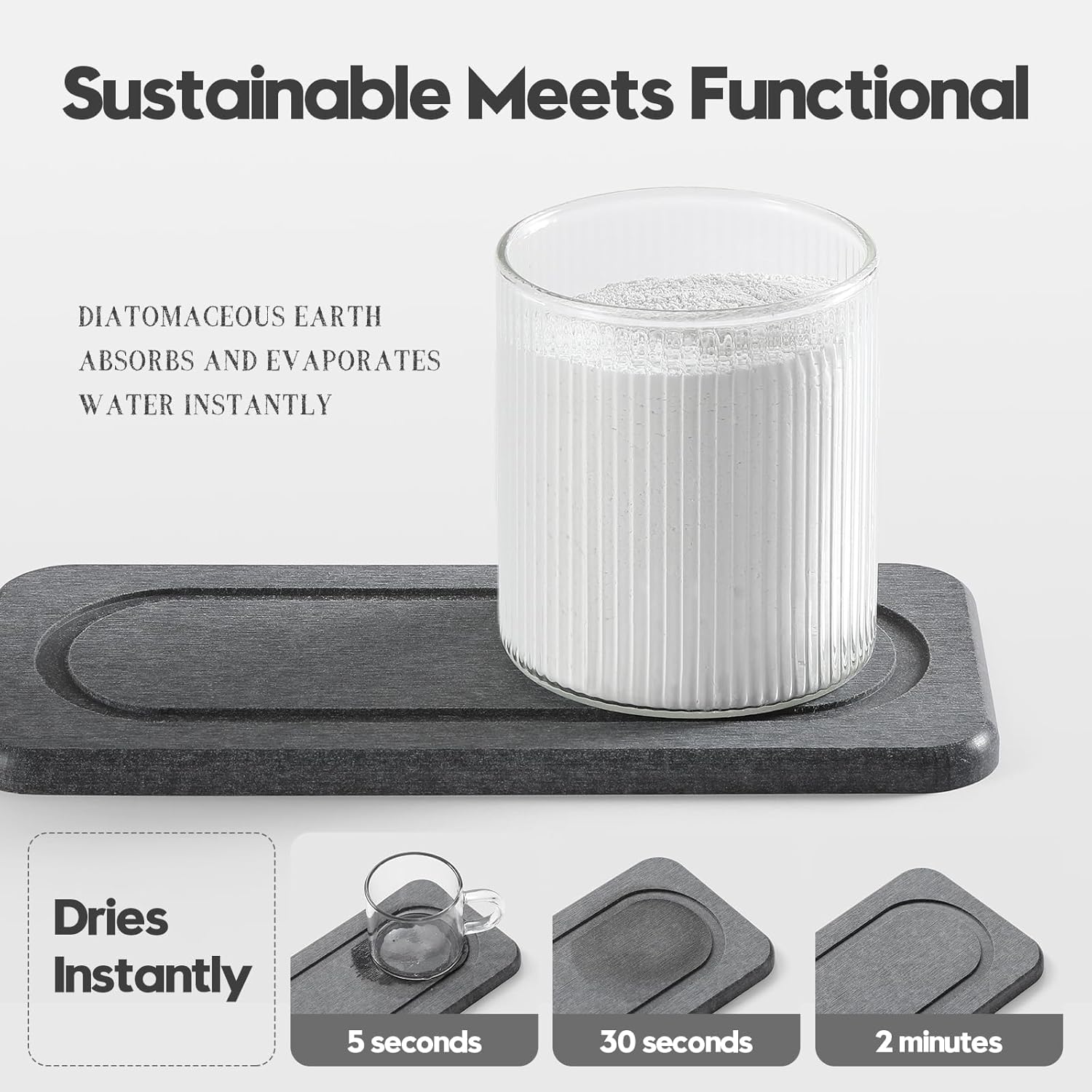 2Pack Diatomite Stone Coasters Water Absorbing Sink Tray for Kitchen & Bathroom Counter, Quick Dry Soap Dish Vanity Caddy, Dispenser Sponge Holder Space Organizer, Dark Gray - 8"x 3.8"