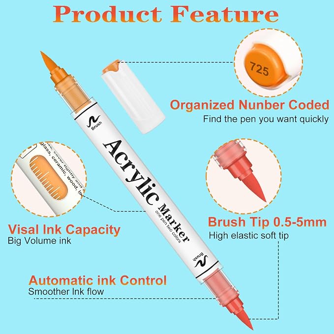 120 colors Acrylic Paint Markers, 60 Pack Automatic Ink ControlSoft Brush - Image 2