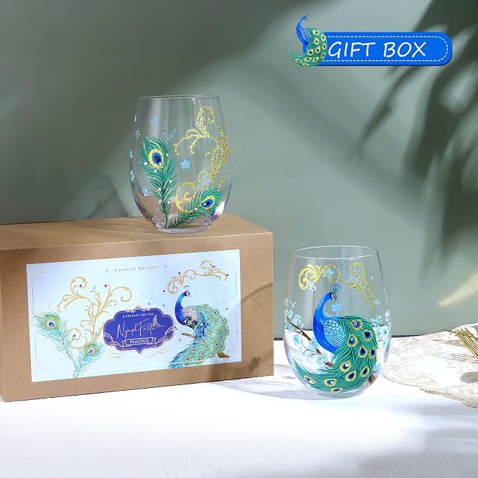 NymphFable Wine Tumbler Hand Painted Stemless Wine Glasses Peacock Set of 2 - Image 4