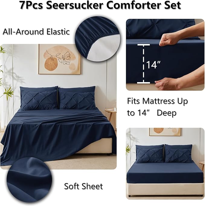CozyLux King Size Comforter Set Navy Blue, Pintuck Bed in A Bag 7 Pieces - Image 6