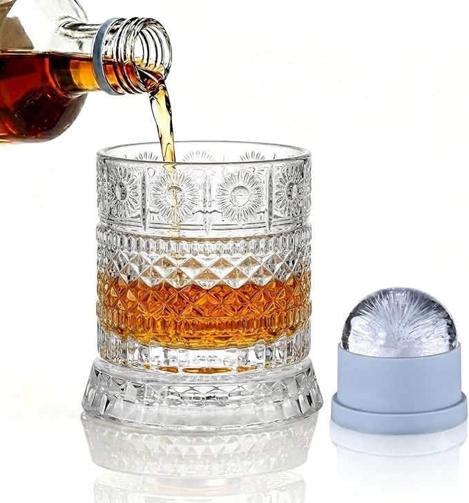 Rotating Whiskey Glass with Large Ice Ball Mold, Single Spinning Crystal by UNOD