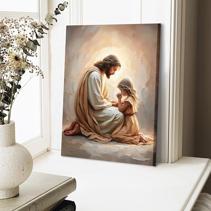 Jesus Praying with Girl Wall Art Canvas Poster Print, 8x10in | Wrapped Canvas - Image 4