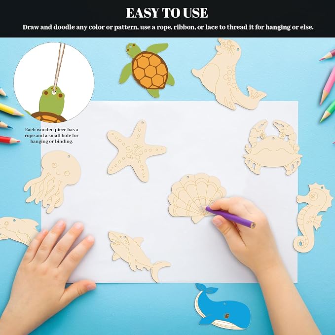 Subacy 80 PCS Unfinished Wood Cutouts 10 Styles DIY Wooden Ocean Ornaments - Image 4