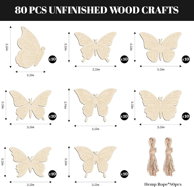Subacy 80 PCS Unfinished Wood Cutouts 8 Styles DIY Wooden Spring Ornaments - Image 3
