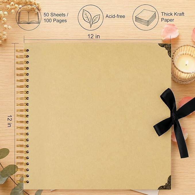 Scrapbook Album 12 Inch 50 Sheets 100 Pages, Kraft Paper Cover DIY Photo Album - Image 3