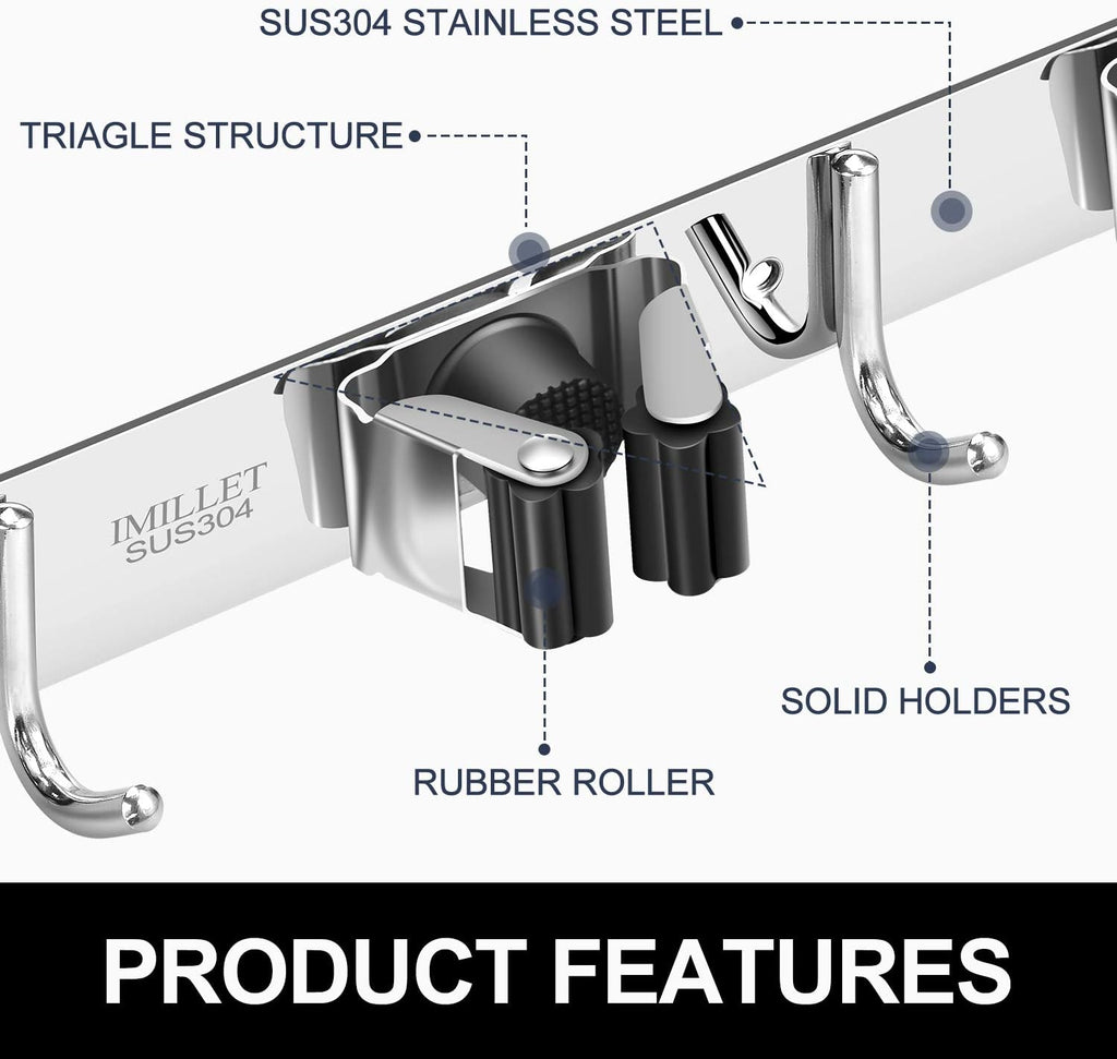 IMILLET Broom and Mop Holder Wall Mounted, Stainless Steel Broom Holder Mop Holder Self Adhesive Heavy Duty Hooks Storage Organizer for Home Laundry Room Garden Garage（3 Racks with 4 Hooks）