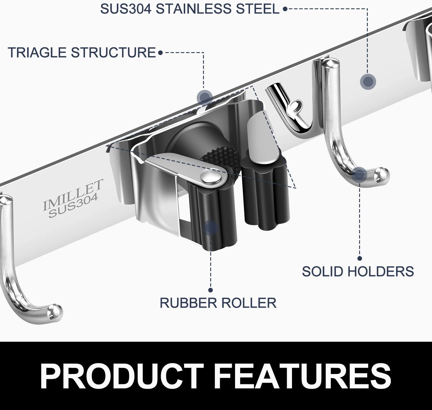 IMILLET Broom and Mop Holder Wall Mounted, Stainless Steel Broom Holder Mop Holder Self Adhesive Heavy Duty Hooks Storage Organizer for Home Laundry Room Garden Garage（3 Racks with 4 Hooks）