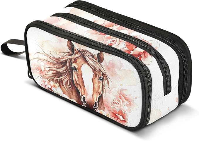 Brown Horse Watercolor Flower Pencil Case Box Boys Girls Large Pencil Pouch by BOENLE-WELCOMEYOURCOMING