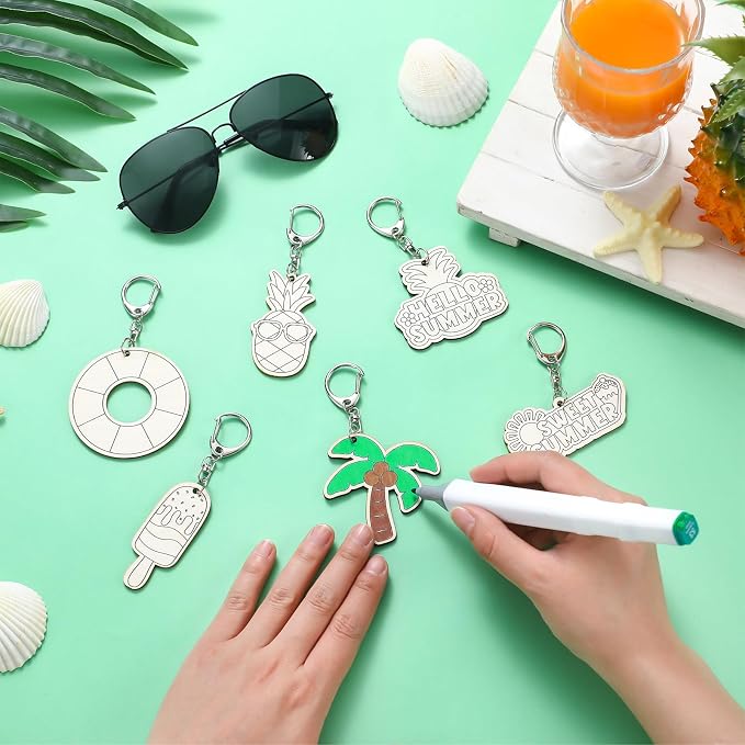 RattanView 24 Pcs Summer Party Craft Color Your Own Keychains Diy Craft Wooden - Image 4