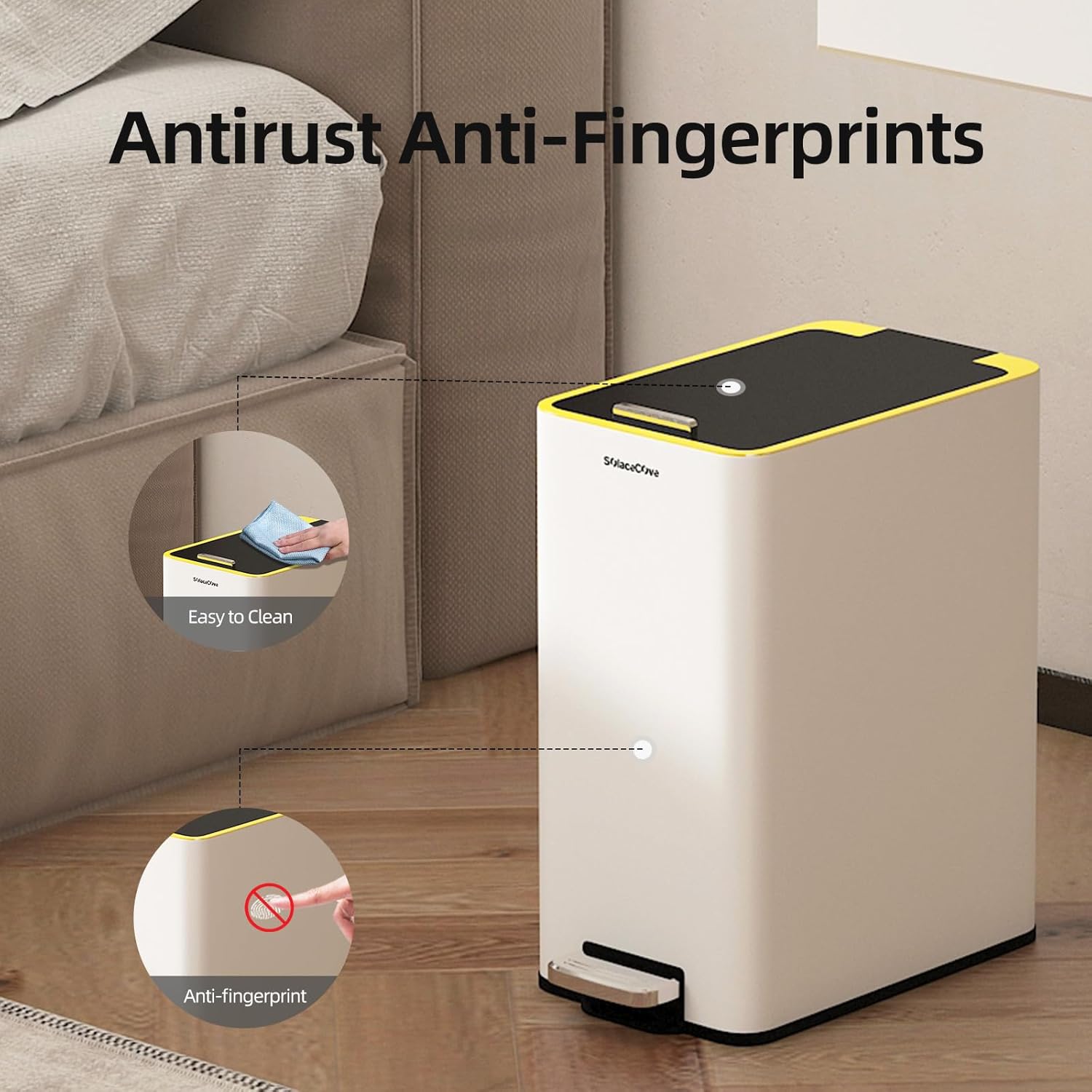 Stainless Steel 4 Gallon Slim Trash Can with Lid,15L Bathroom Garbage Can with Removable Wastebasket, Rectangular Garbage Cans for Office、 Bathroom,、Kitchen (White)