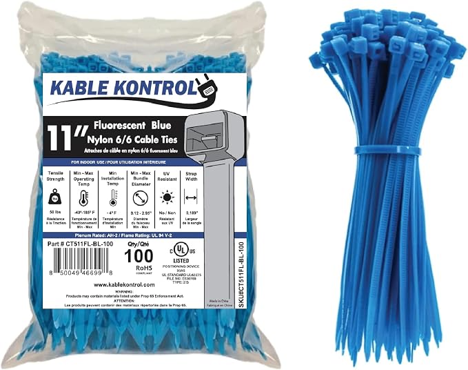 Kable Kontrol Fluorescent Blue Zip Ties 11 Inch 100 Pcs, 50 Lbs Tensile Strength by KABLEKONTROL%C2%AE