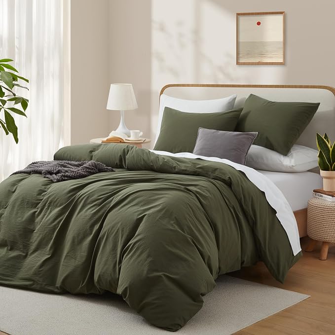 LOVQUE Olive Green Cotton Duvet Cover Queen Size, Linen Like Natural Bedding Set - Image 2