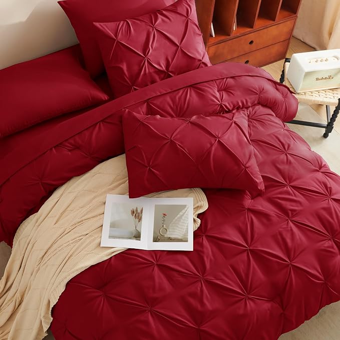 CozyLux King Size Comforter Set Dark Red, 7 Pieces Pintuck Bed in A Bag Red - Image 4