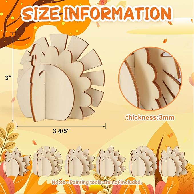 COCHIE DIY 3D Turkey Thanksgiving Wood Crafts to Paint, Paintable Unfinished - Image 2