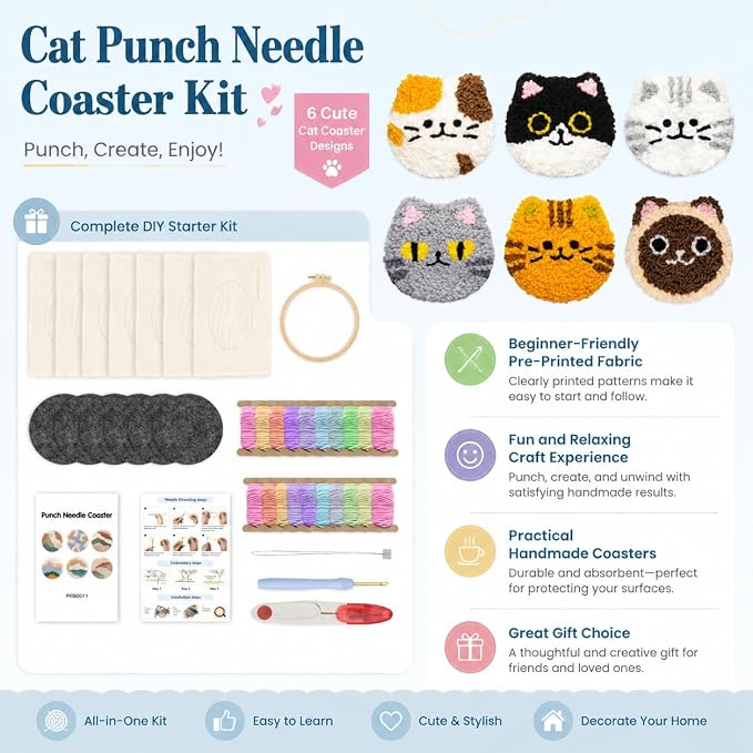 HGUANGJ Punch Needle Kit for Beginners Adults, Cat Coasters Kit - Image 6