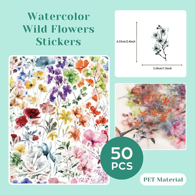 200 Pcs Clear PET Stickers Black Fine Line Flowers, Wildflowers & Mushrooms - Image 6