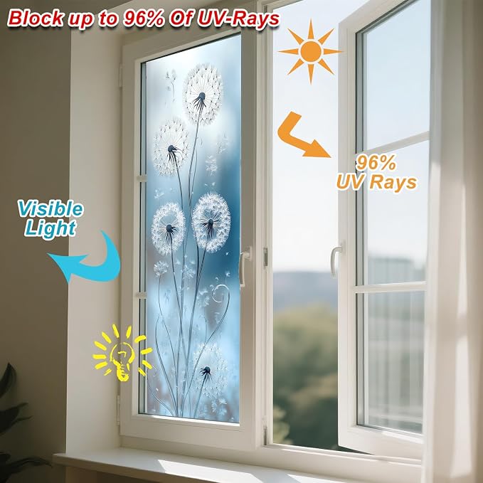IVN Privacy Window Film Stained Glass Window Cling White Dandelion Design - Image 4