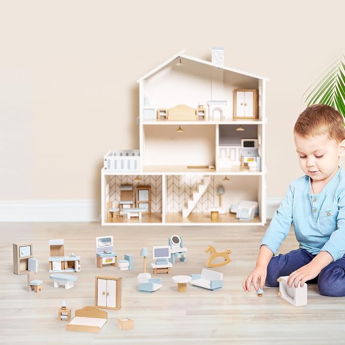 ROBUD Wooden Dollhouse Furniture Set, Miniature Furniture Including 5 Room Kits - Image 4