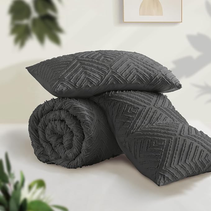 Andency Dark Grey Comforter Set Queen, 3 Pieces Tufted Farmhouse Shabby Chic - Image 3