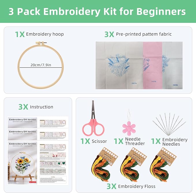 Herdiese Embroidery Kit for Beginners & Adults, Pre-Printed Fabrics, 9 Needles - Image 2