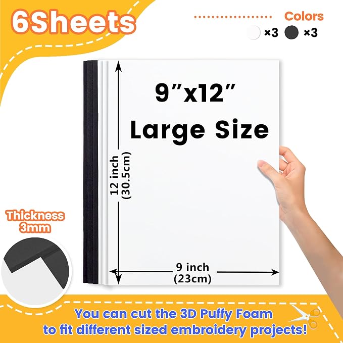 New brothread - 16 Options- 6PCS Embroidery Puffy Foam 9″x12″ Large Size 3MM - Image 2