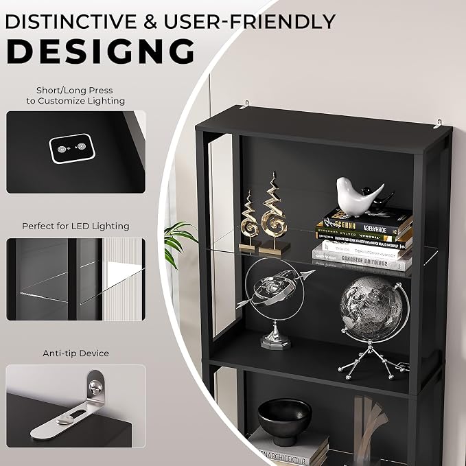 Display Cabinet with Glass Shelves, 4-Tier Display Shelf with LED Lights - Image 5