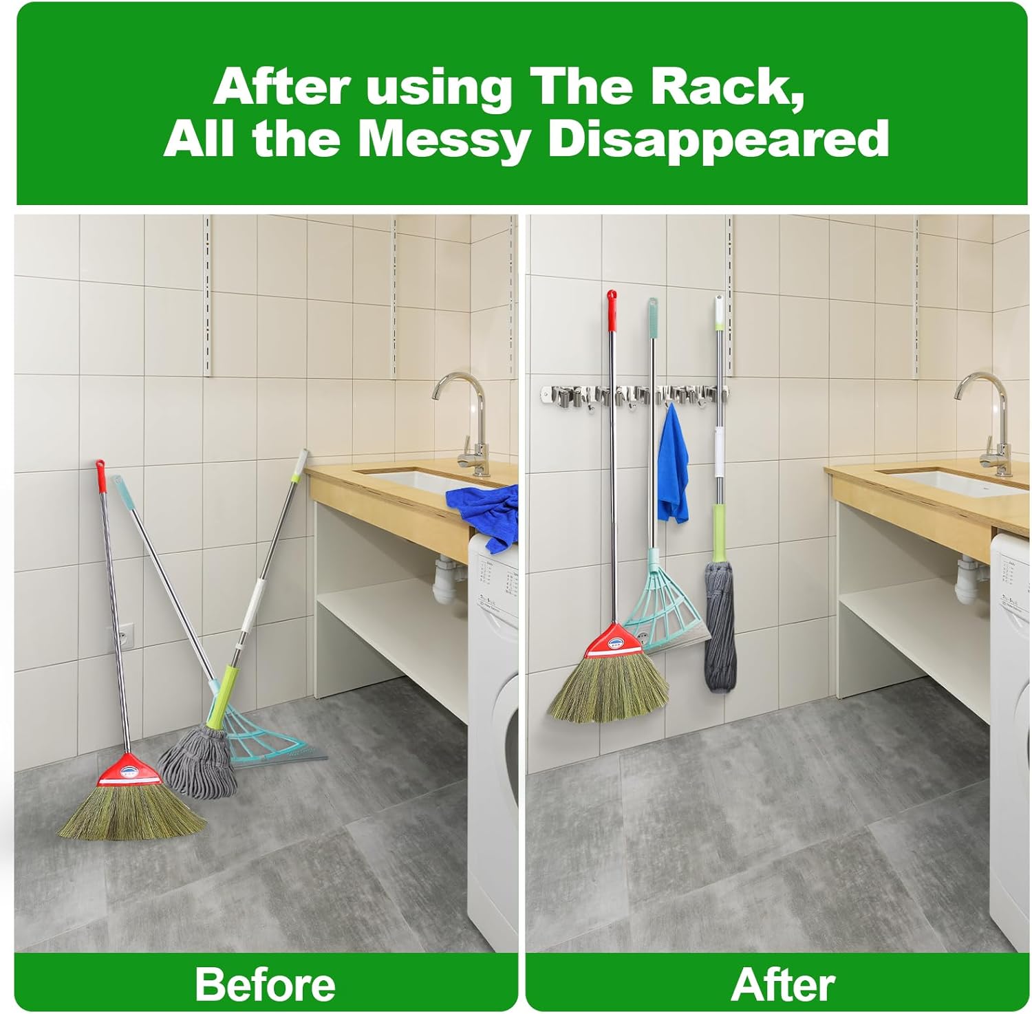 voze [2 Pack] 5 Racks and 4 Hooks Mop and Broom Holder Wall Mount, Self Adhesive Heavy Duty Broom Organizer Storage Tool Racks for Kitchen Garden Laundry Garage, Silver