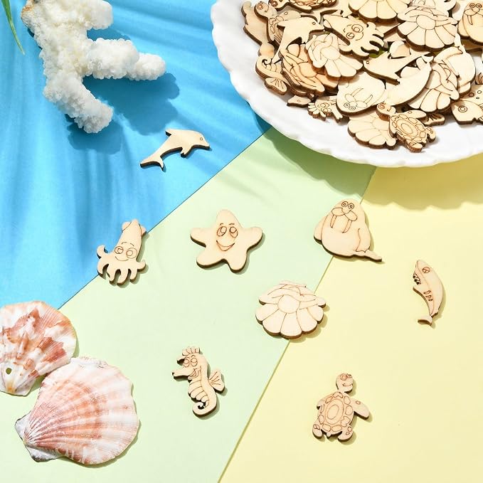 200 pcs Mixed Styles Ocean Animal Theme Undyed Wood Cutout Charms Octopus - Image 5