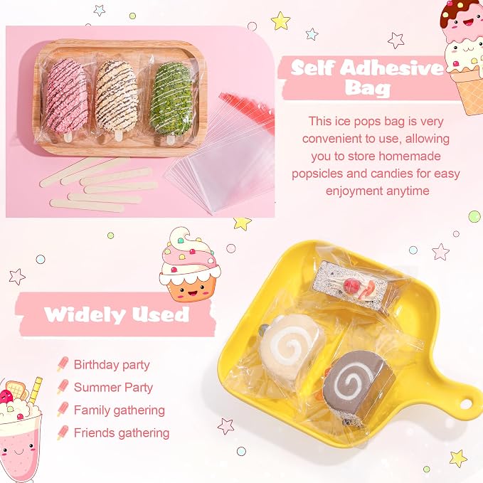 Ozera 200 Pcs Ice Pop Bags and Popsicle Sticks, Cakesicle Bags - Image 4