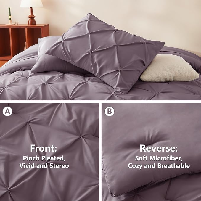 HIMEET Pintuck Bed in a Bag, 7 Pieces Queen Size Comforter Set Dusty Purple - Image 3