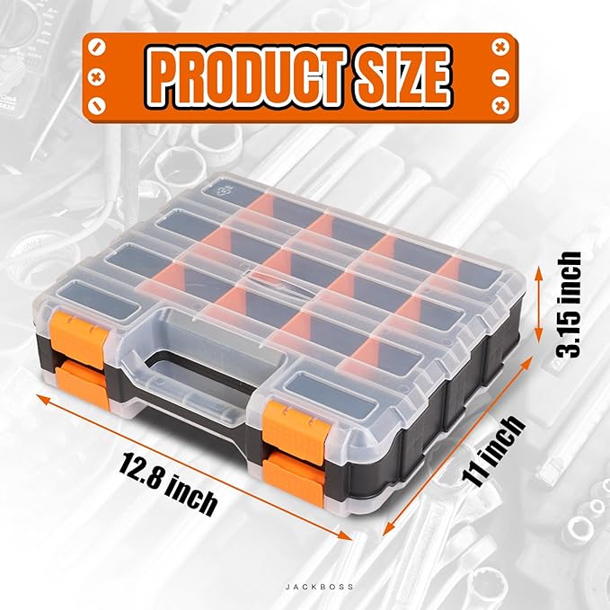 Jack Boss Tool Box with Transparent Lid, Double Side 34-Compartments Organizer - Image 2