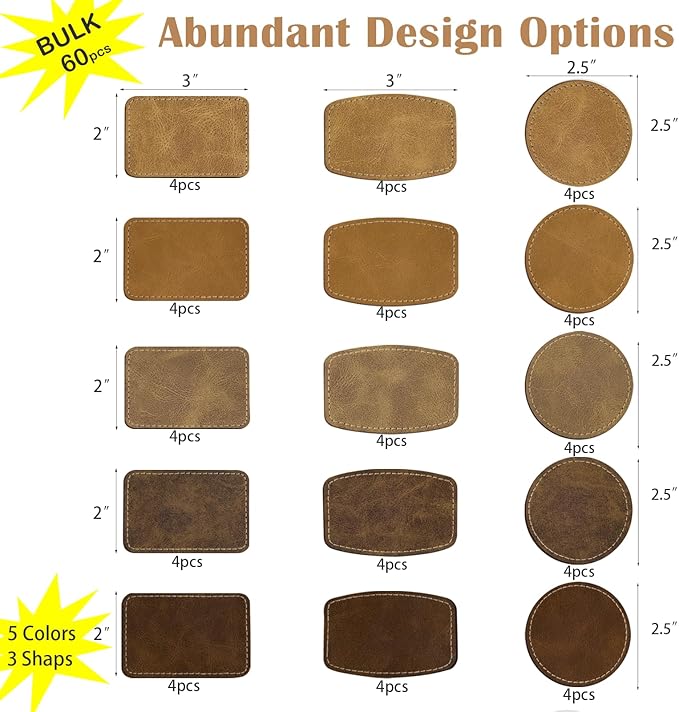 60pcs Blank Patches for Laser Engraving & Iron On | PU Leather Repair Patches | - Image 3