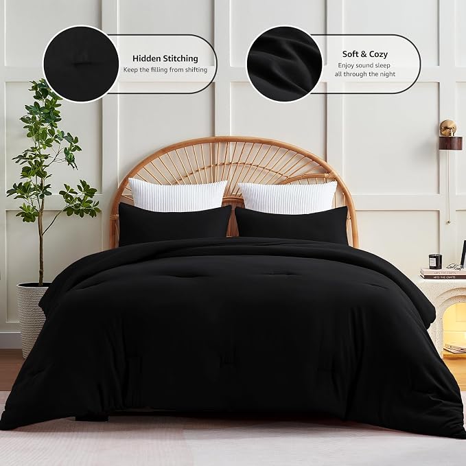 CozyLux Oversized King Comforter Set Black, 3 Pieces 120x98 Solid Breathable - Image 3