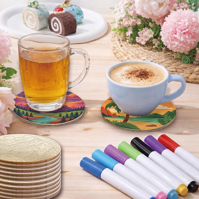 26PCS Wood Coasters Craft Kit 10 Paint You Own Coaster - Image 4