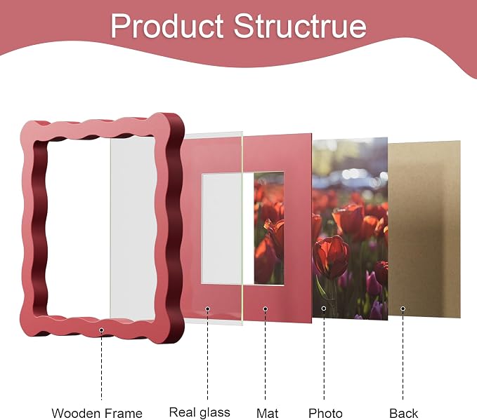 6x6 Picture Frame with Mat for 4x4, Wavy Edge Wooden Real Glass Photo Frame for - Image 5