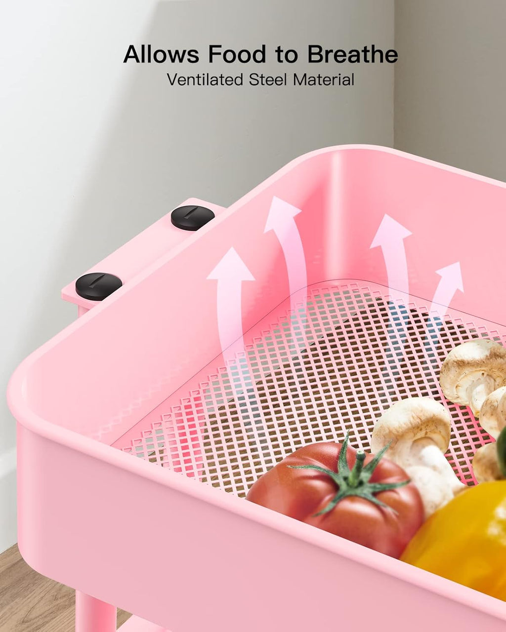 Pipishell 3-Tier Metal Rolling Utility Cart, Heavy-Duty Storage Cart with 2 Lockable Wheels, Multifunctional Mesh Organization Cart for Kitchen Dining Room Living Room (Pink)