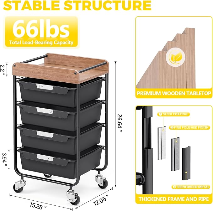 SYKIARIOL Utility Cart with 4 Labeling Drawers and Wooden Tabletop – Rolling - Image 2