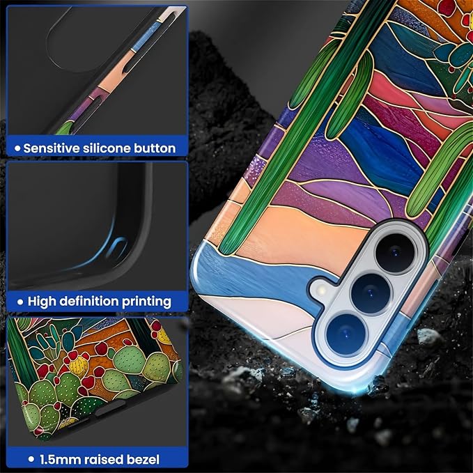 for Samsung Galaxy S26 Case, Stained Glass Cactus Pattern Glossy 2 in 1 - Image 4