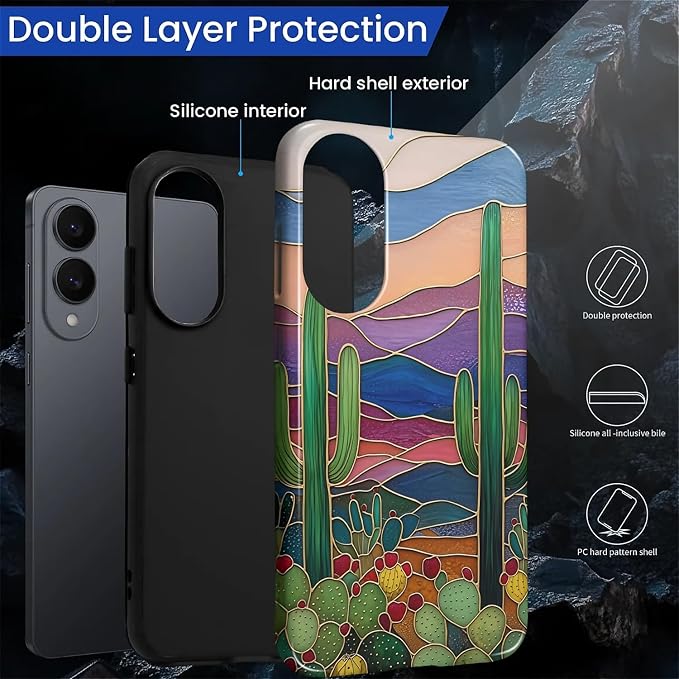 for Samsung Galaxy S25 Edge Case, Stained Glass Cactus Pattern Glossy 2 in 1 - Image 3